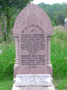 The gravestone in Ford Park Cemetery of Mr Charles Goodanew, Mrs Elizabeth Ann Goodanew, and Mr Thomas Henry Reynolds.  Photo courtesy of Mrs Sally Roberts.